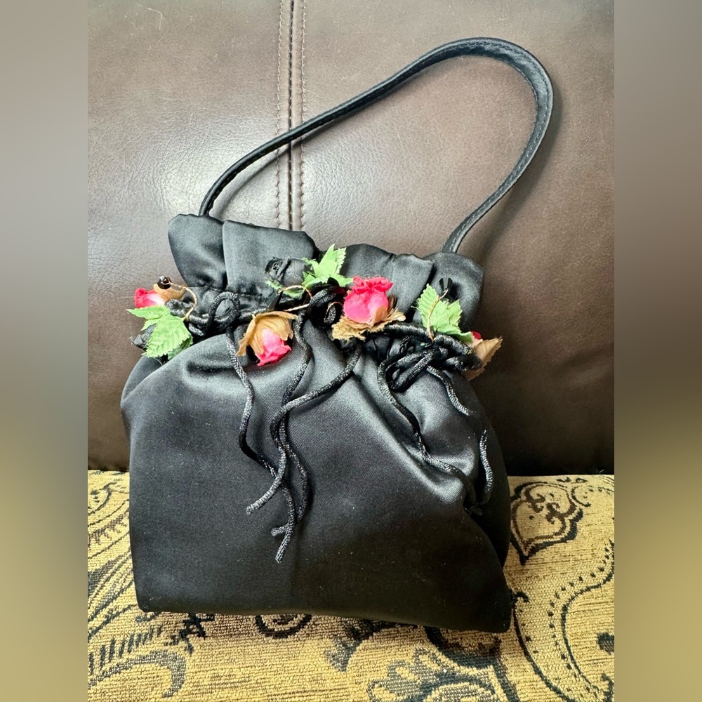 90’s Vintage Aldo Black and Red Mini Bag with Vibrant Floral Details